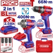 Emtop 2'li Set Akülü Kömürsüz Motor 20 V 2.0 AH 66 N-M Darbeli Matkap ve Somun Sıkıştırma Torku 400N-M Sökme Torku 550 N-M 20 V 2.0 AH