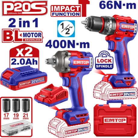 Emtop 2'li Set Akülü Kömürsüz Motor 20 V 2.0 AH 66 N-M Darbeli Matkap ve Somun Sıkıştırma Torku 400N-M Sökme Torku 550 N-M 20 V 2.0 AH