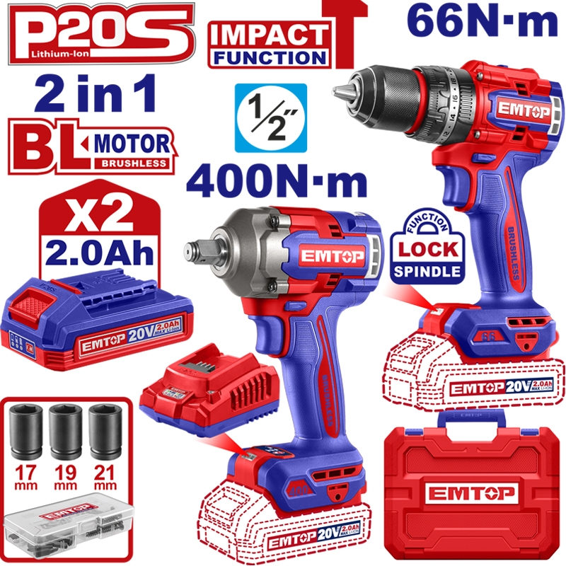 Emtop 2'li Set Akülü Kömürsüz Motor 20 V 2.0 AH 66 N-M Darbeli Matkap ve Somun Sıkıştırma Torku 400N-M Sökme Torku 550 N-M 20 V 2.0 AH