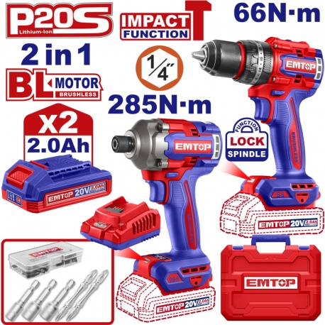 Emtop 2'li Set Akülü Kömürsüz Motor Darbeli Matkap 20 V 2.0 AH 66 N-M ve Darbeli Vidalama 20 V 2.0 AH 285 N-M