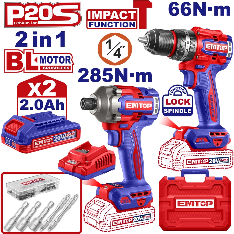 Emtop 2'li Set Akülü Kömürsüz Motor Darbeli Matkap 20 V 2.0 AH 66 N-M ve Darbeli Vidalama 20 V 2.0 AH 285 N-M