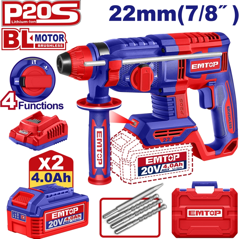 Emtop Akülü Kömürsüz Motor Kırıcı Delici Matkap 20 V 4.0 AH