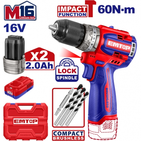 Emtop Akülü Kömürsüz Motor Metal Mandren Darbeli Matkap 16 V 2.0 AH 60 N-M