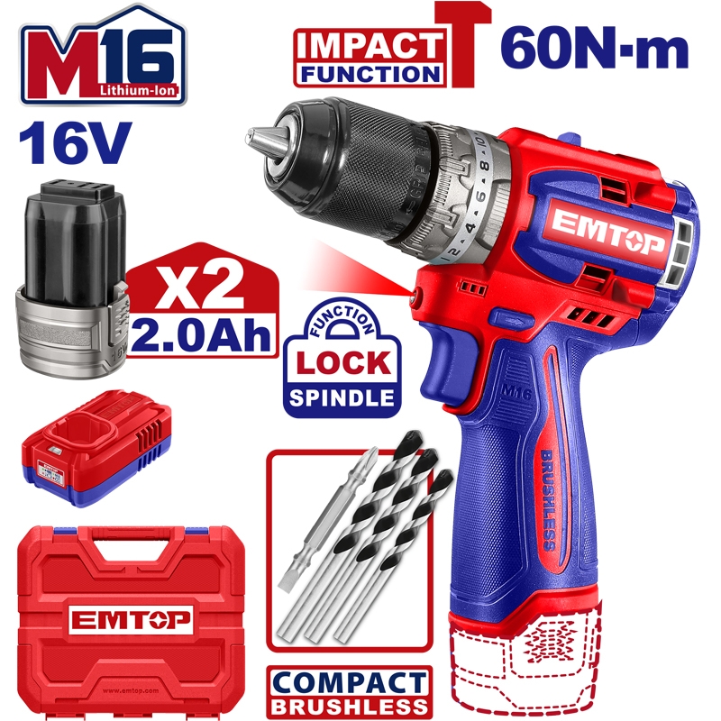 Emtop Akülü Kömürsüz Motor Metal Mandren Darbeli Matkap 16 V 2.0 AH 60 N-M