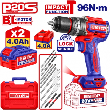 Emtop Akülü Kömürsüz Motor Metal Mandren Darbeli Matkap 20 V 2.0 AH 96N-M