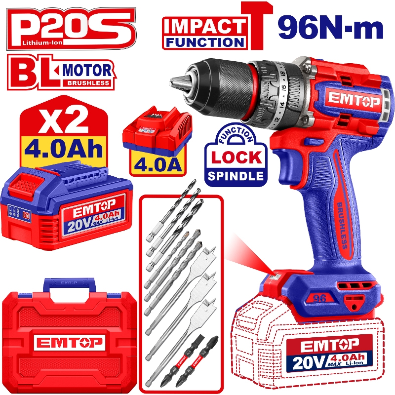 Emtop Akülü Kömürsüz Motor Metal Mandren Darbeli Matkap 20 V 2.0 AH 96N-M