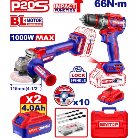 Emtop Akülü Kömürsüz Motor Metal Mandren Darbeli Matkap 20 V 4.0 AH 66 N-M ve Motor Taşlama 1000W 20 V 4.0 AH