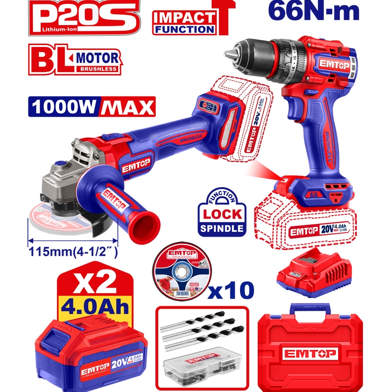 Emtop Akülü Kömürsüz Motor Metal Mandren Darbeli Matkap 20 V 4.0 AH 66 N-M ve Motor Taşlama 1000W 20 V 4.0 AH