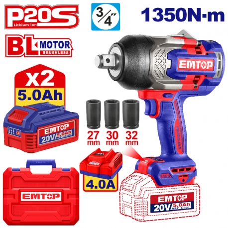 Emtop Akülü Kömürsüz Motor Somun Sıkma Sıkıştırma Torku 1350 N-M Sökme Torku 1900 N-M 20 V 5.0 A-H