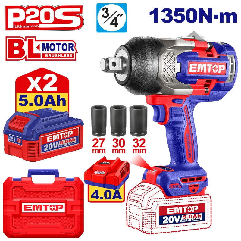 Emtop Akülü Kömürsüz Motor Somun Sıkma Sıkıştırma Torku 1350 N-M Sökme Torku 1900 N-M 20 V 5.0 A-H