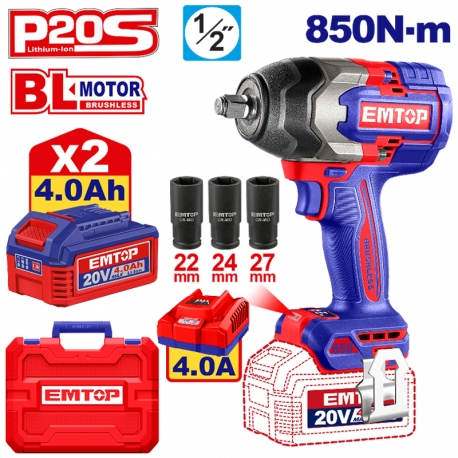 Emtop Akülü Kömürsüz Motor Somun Sıkma Sıkıştırma Torku 850 N-M Sökme Torku 1000N-M 20 V 4.0 A-H