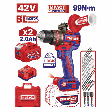 EMTOP KÖMÜRSÜZ MOTOR METAL MANDREN AKÜLÜ DARBELİ MATKAP 42V 99NM